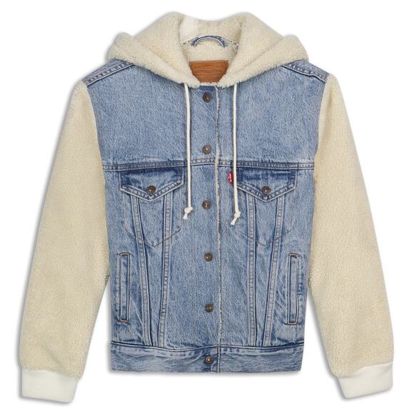 Levi’s Ex-Boyfriend Sherpa Trucker Jacket Light Wash Denim Fleece Hood Womens XS - Picture 3 of 10